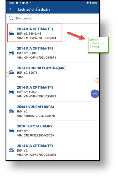 Chọn xe để xem lịch sử